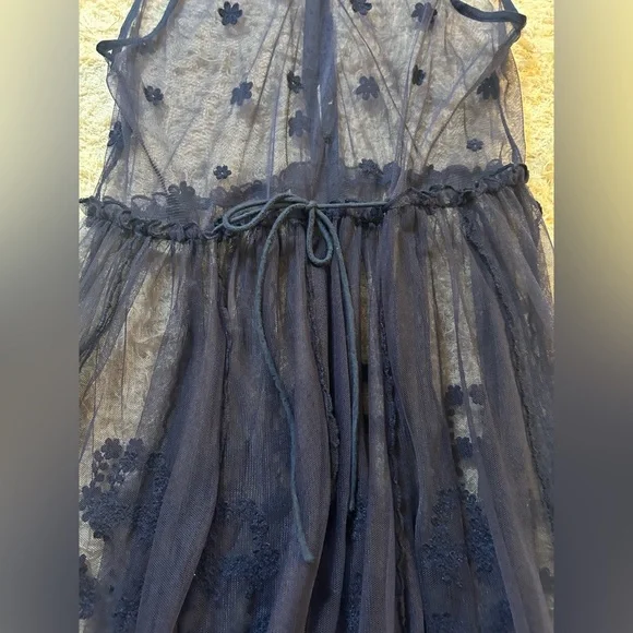 Free People Intimately Maxi Button Front Mesh Slip Dress w/ Collar Sz Small Navy - Picture 5 of 10